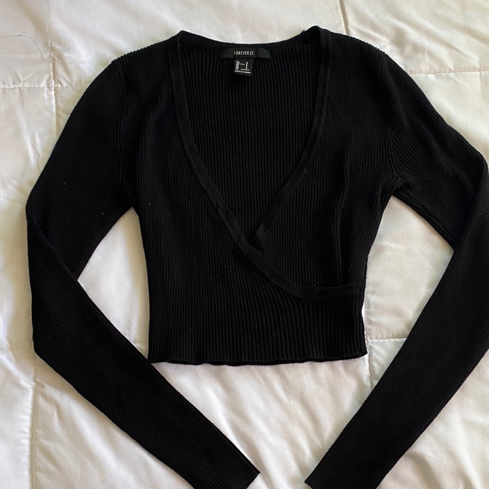 Forever 21 Black Ribbed Wrap-Front Long Sleeve Crop Top